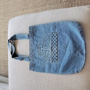 Denim tote bag, embossed basket design, 18.5 x 14.5